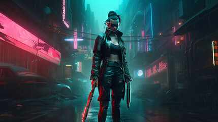 Fototapeta premium Full body shot of a cyberpunk warrior in front of neon lights on a teal background, in the style of studio photography, with red dots, digital photography, strobe light, cyberpunk warrior with 