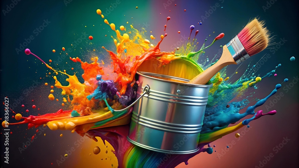 Poster abstract splash of color: a vibrant paint bucket and brush in motion generative ai