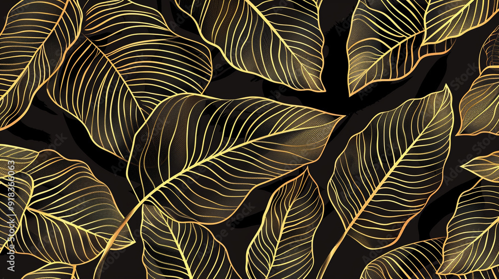 Poster banana leaf pattern using a golden outline with a black background.