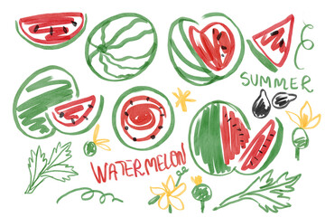 watermelon  Watercolor sketch illustration set clip art. Perfect for wallpaper, template, banner, wall decor, print, postcard, cover, packaging.