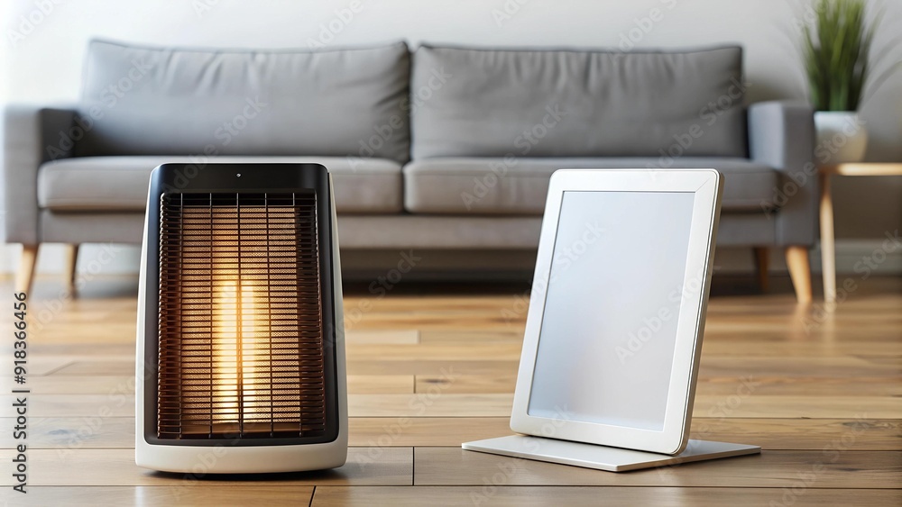 Poster a digital oasis by the fire: tablet resting on a heater generative ai