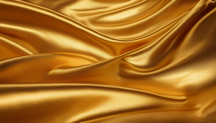 Fototapeta premium Luxurious Waves of Golden Satin. Close-up of Smooth, Glimmering Fabric Draped in Fluid, Undulating Patterns with a Rich Warm Glow