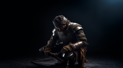 Photography of a medieval knight in the style of Caravaggio's chiaroscuro light. Renaissance theme and composition against a dark background and a chiaroscuro color scheme, studio photography, 