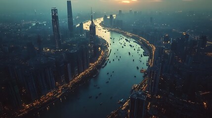 Naklejka premium Aerial View of Bustling Metropolis with River and Reflected Skyline