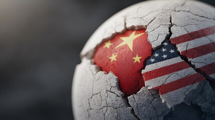 Broken Globe with Flags, Globe fractured with red and white China and American flags, representing geopolitical tension or influence