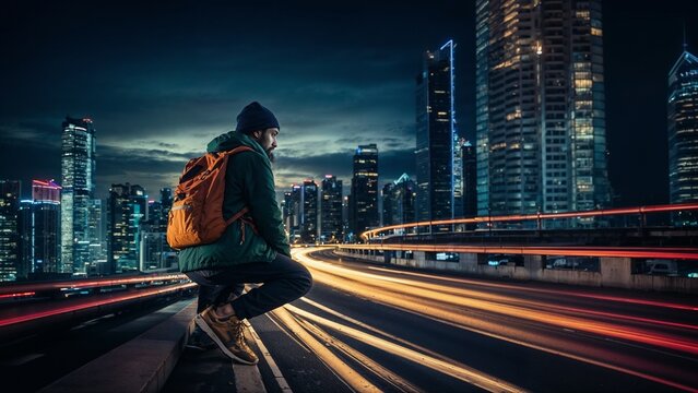 person walking in the city at night