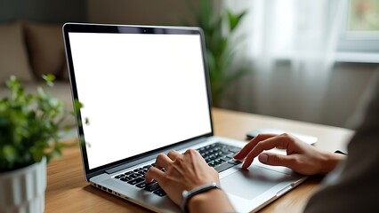 Man working on a laptop with a blank screen at his desk - POV - point of view perspective