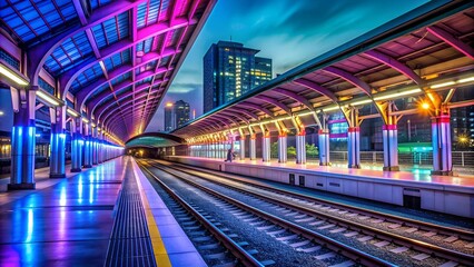 A vibrant and captivating depiction of the Bangkok station platform, illuminated by a kaleidoscope of neon li  Generative AI