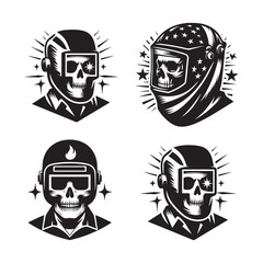 Fototapeta premium Skull Heads in Welding Helmets and Goggles Illustration Set in Black and White 
