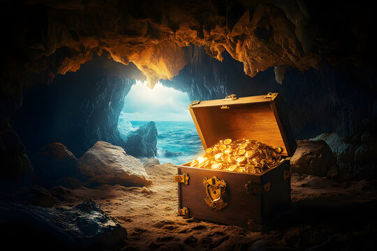 picture of a cave with an open treasure box filled with shiny gold.&nbsp;