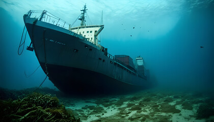 Sunken Shipwreck Lying on Ocean Floor in Underwater Exploration Scene