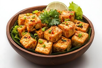 Delicious Fried Tofu with Chili and Cilantro, Food Photography