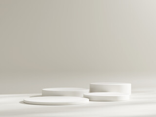 Set of white cylinder pedestal podium display, Empty room background. Abstract modern rendering 3d shape for products display presentation. Pastel minimal wall scene, Studio room.
