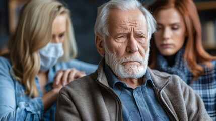 Fototapeta premium A sad senior man with white hair and beard standing with his family. Concept of comforting and supporting.