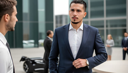 Fototapeta premium Confident Businessman in a Stylish Suit Engaging in a Professional Conversation Outdoors