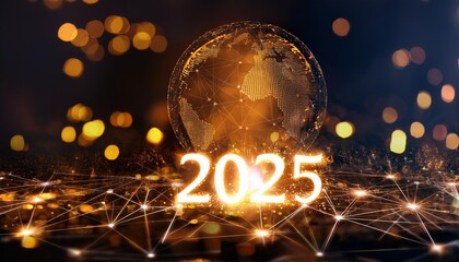Futuristic banner for 2025 new year with a bright globe. 2025 shines boldly, surrounded by a warm, golden bokeh background, symbolizing optimism and future milestones.