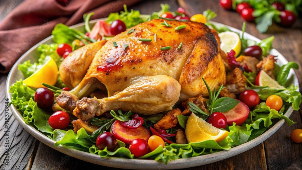 Poster a culinary masterpiece: roasted chicken and a colorful salad ensemble generative ai