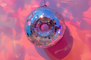 Disco ball donut on string against pink background. Party and celebration concept, dancing, late evening party, night club background. A donut shaped jewelry disco ball