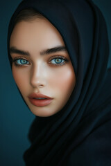 Naklejka premium Close-up of a woman in a black hijab with piercing blue eyes, capturing an intense and captivating gaze.