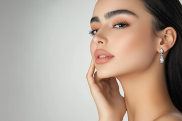 A close-up profile of a woman with diamond earrings, exuding sophistication and modern elegance, set against a light background.