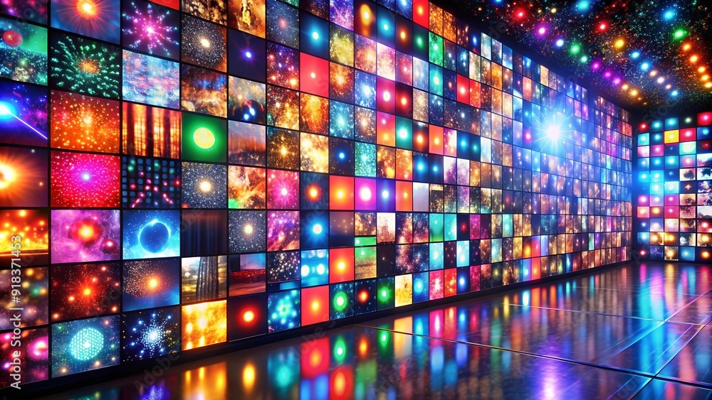 Poster a mesmerizing digital wall composed of countless streaming services, each emanating a distinct color