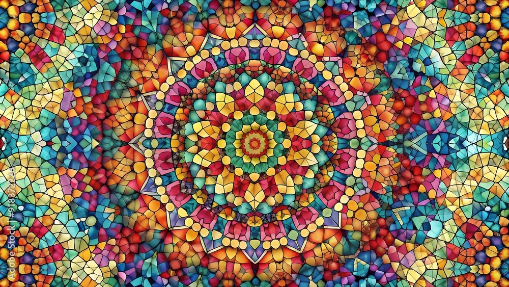 Poster abstract geometric mosaic: a vibrant tapestry of interlocking shapes in a kaleidoscope of colors. ge
