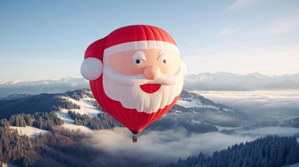A vibrant hot air balloon designed as a cartoon Santa Claus floats above wintery, snow-covered mountains and forests, perfect for themes related to Christmas, winter holidays, or festive advertising,