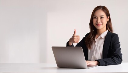 ノートパソコンを使っている若いアジア人の女性がいいねをしてる。（A young Asian woman using a laptop gives a thumbs up.）
