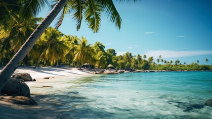 Pristine tropical beach with white sand, clear turquoise water, and lush green palm trees, perfect for vacation advertisements, travel blogs, and destination posters,