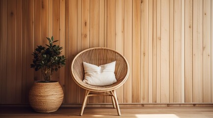 A cozy room features a wicker chair with a white cushion and a potted plant against a wooden paneled wall, ideal for promoting home decor, interior design, or relaxation,