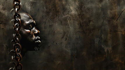 International Day for the Abolition of Slavery. Horizontal banner. Copy space. African American man in chains on a dark background. Day against trafficking in person. Black History Month