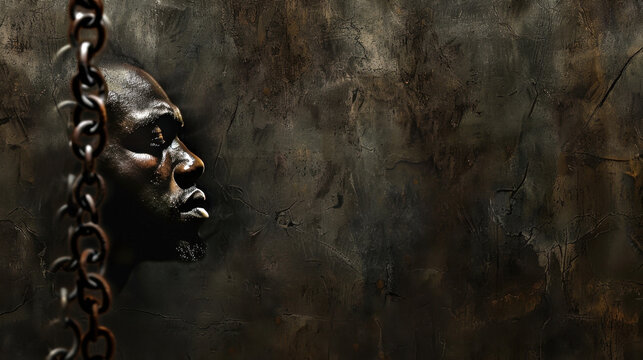International Day for the Abolition of Slavery. Horizontal banner. Copy space. African American man in chains on a dark background. Day against trafficking in person. Black History Month - Powered by Adobe