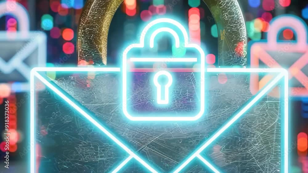 Poster neon glowing envelope with padlock symbol representing secure communication