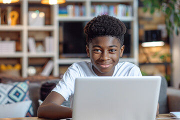 Obraz premium A young man is sitting at a desk with a laptop in front of him