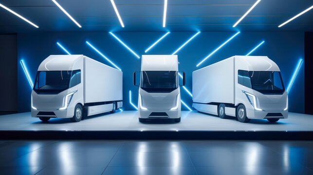 Three modern electric trucks showcased in a futuristic setting with blue neon lights, suitable for promoting advanced vehicle technology, sustainable transportation, or innovative design concepts,