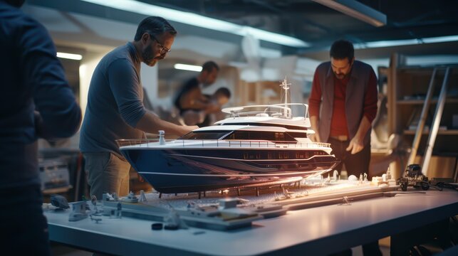 Engineers meticulously work on a detailed yacht model in a workshop, highlighting innovation and precision, Ideal for use in engineering, marine design, and project development materials,