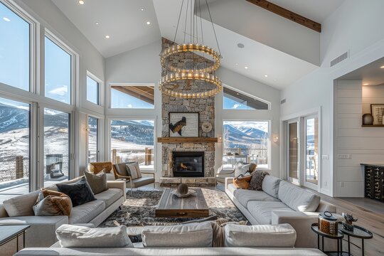 Modern home in Le Roy, Colorado with white walls, mountain views, stone fireplace, gray couches, coffee table, and mid-century modern furniture, captured with Nikon Z6 II.