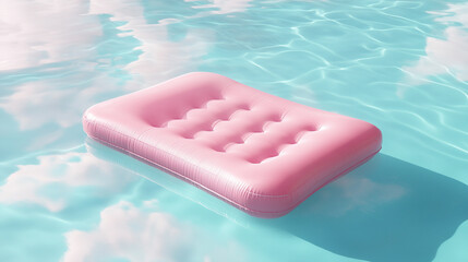 Bright pink inflatable air mattress floats on the surface of a sparkling swimming pool on a warm summer day