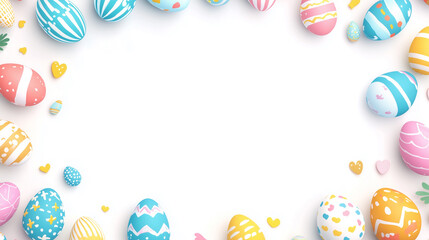 Colorful easter eggs and easter decoration forming a border on a white background, creating a cheerful and festive frame