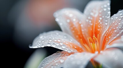 Fototapeta premium Delicate Pink Flower Covered in Rain Drops on a Soft Background at Dawn