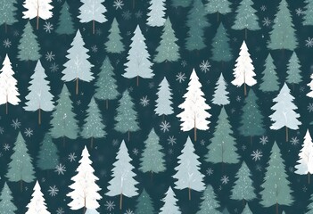 Fototapeta premium Seamless winter pine trees pattern with snowflakes on dark background, Christmas concept, winter background