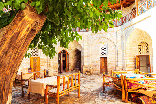 The courtyard of an ancient madrasah in the old city of Bukhara.