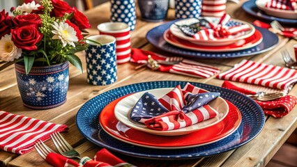 Obraz premium Patriotic Table Setting with Red, White, and Blue Decor