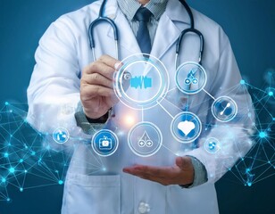 Medicine doctor with stethoscope in hand and icon insurance for health. Medical network. Generated image