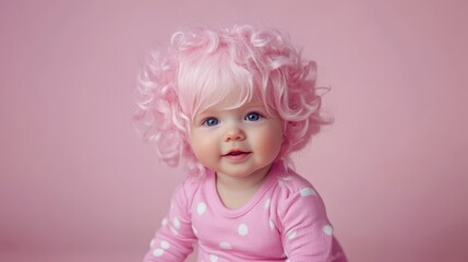 Fototapeta premium Baby fashion model in cute wig outfit