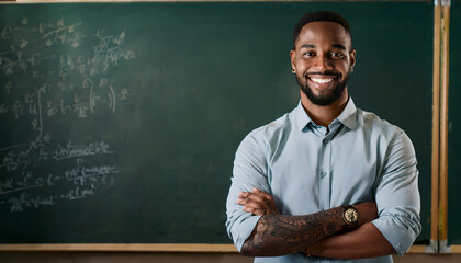 A young male black teacher stands with a smile in front of a classroom at the chalkboard. 
