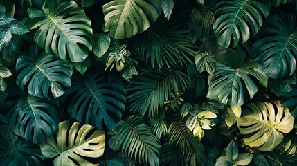 Lush Green Tropical Foliage with Large Monstera Leaves