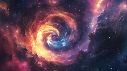 Fototapeta premium A swirling nebula in deep space, with vibrant colors and star clusters.
