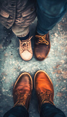Closeup of Two Pairs of Brown Leather Boots, One Adult and One Child