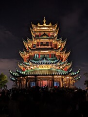 Night temple in Chongqing, China with neon lights